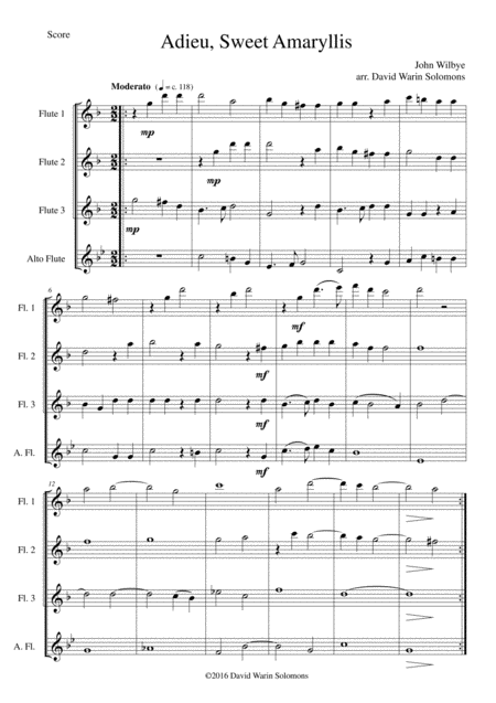 Adieu Sweet Amaryllis For Flute Quartet 3 Flutes And 1 Alto Flute Sheet Music