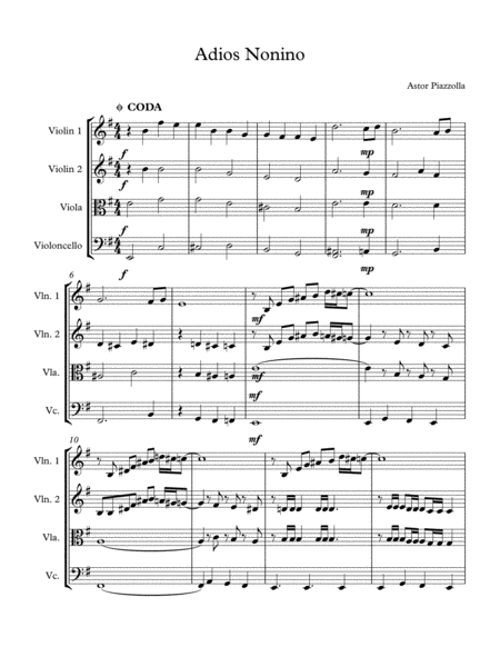 Free Sheet Music Adios Nonino Astor Piazzolla For String Quartet