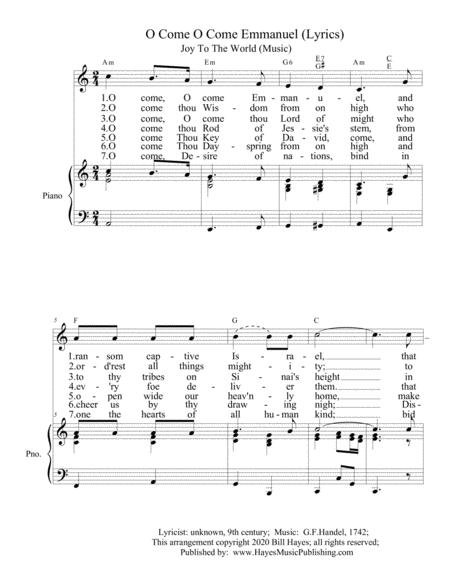 Advent Lyrics Set To Christmas Melodies 4 Of 4 O Come O Come Emmanuel Lyrics With Joy To The World Melody In Piano Vocal Arrangement With Chord Symbol Sheet Music