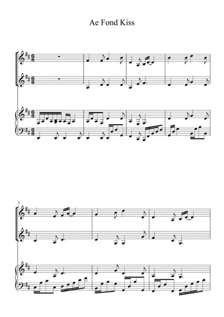 Free Sheet Music Ae Fond Kiss For 2 Violins With Piano Accompaniment Can Be Played As Solo Violin Or Violin Duet