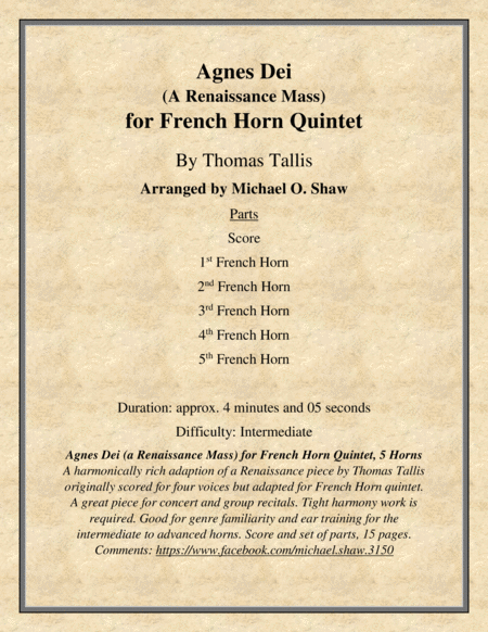 Free Sheet Music Agnes Dei A Renaissance Mass By Thomas Tallis For French Horn Quintet 5 Horns