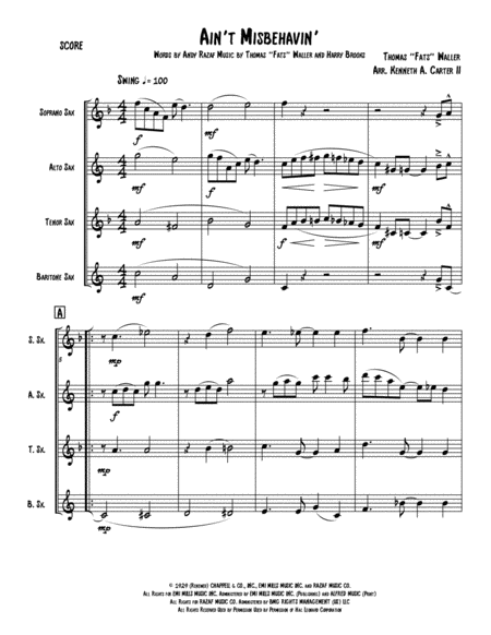 Aint Misbehavin Saxophone Quartet Sheet Music