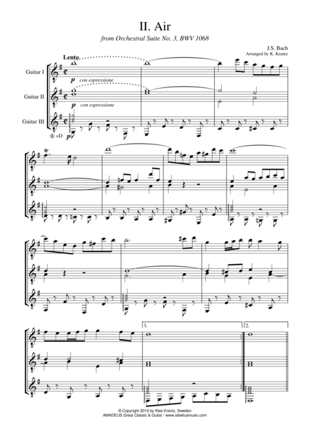 Free Sheet Music Air On The G String For Guitar Trio