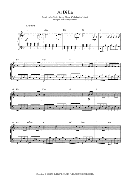 Free Sheet Music Al Di La Piano Solo With Chords