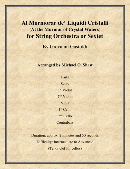 Al Mormorar De Liquidi Cristalli By Giovanni Gastoldi For String Orchestra Or String Sextet Sheet Music