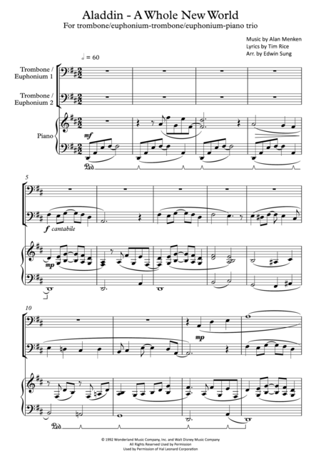 Free Sheet Music Aladdin A Whole New World For Trombone Euphonium Trombone Euphonium Piano Trio Including Part Scores