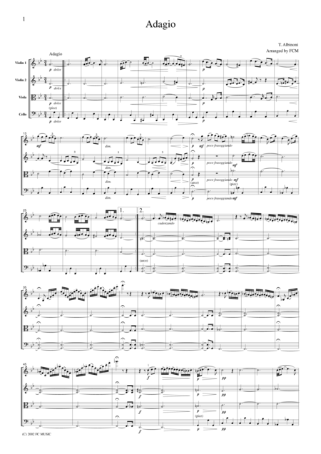 Free Sheet Music Albinoni Adagio In G For String Quartet Ca001