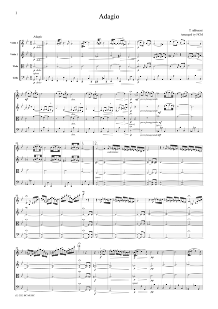 Albinoni Adagio In G For String Quartet Ca001 Sheet Music