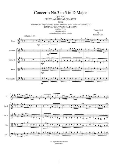 Albinoni Concerto No 3 To 5 In D Major Op 5 For Flute And String Quartet Sheet Music