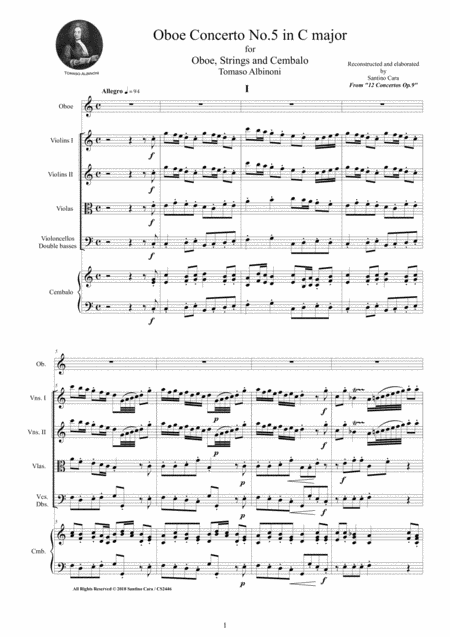 Free Sheet Music Albinoni Oboe Concerto No 5 In C Major Op 9 For Oboe Strings And Cembalo