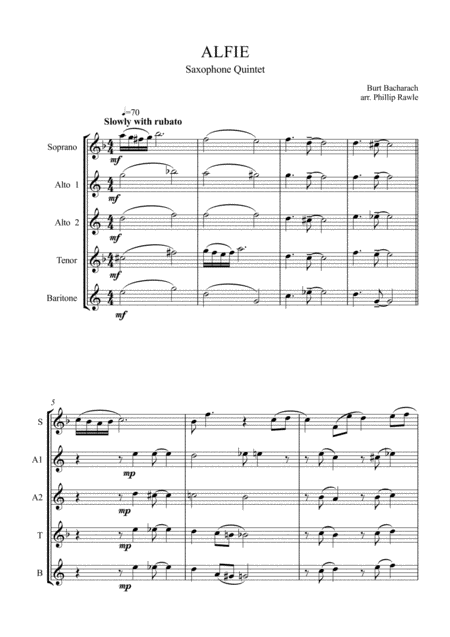 Alfie Saxophone Quintet Sheet Music