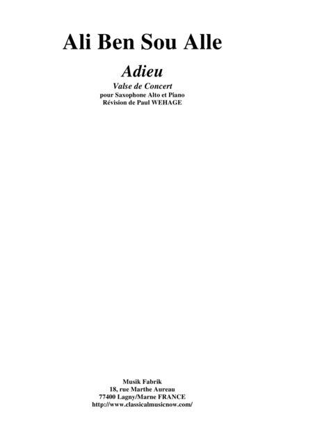 Ali Ben Sou Alle Adieu Valse De Concert For Alto Saxophone And Piano Sheet Music