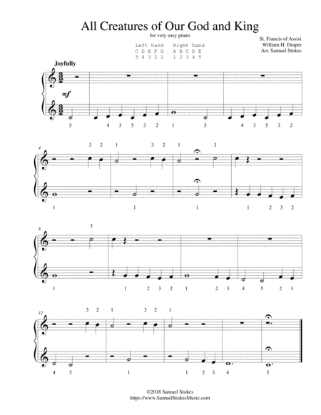 All Creatures Of Our God And King For Very Easy Piano Sheet Music