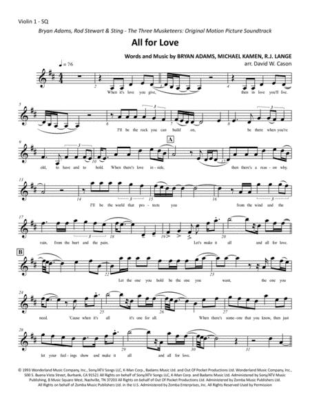 All For Love From The Three Musketeers Bryan Adams String Quartet Sheet Music