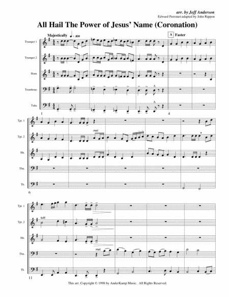 Free Sheet Music All Hail The Power Of Jesus Name Coronation For Brass Quintet