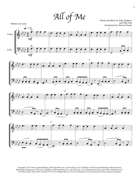 Free Sheet Music All Of Me For Cello And Violin