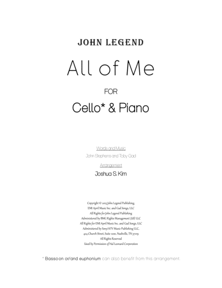 Free Sheet Music All Of Me For Cello Piano With Full Lyrics