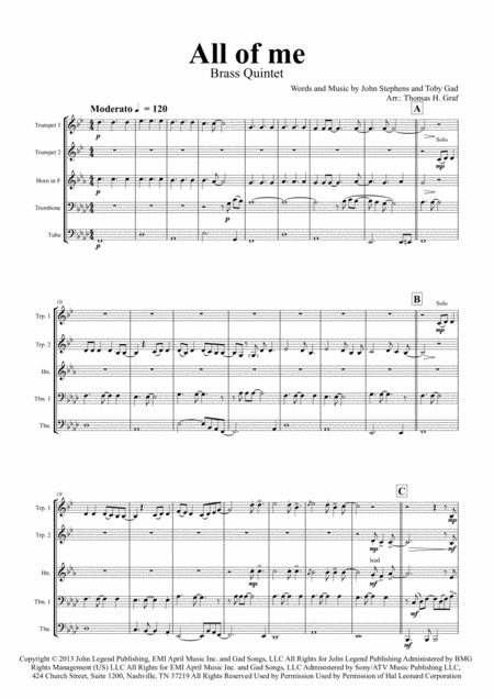 All Of Me John Legend Brass Quintet Sheet Music