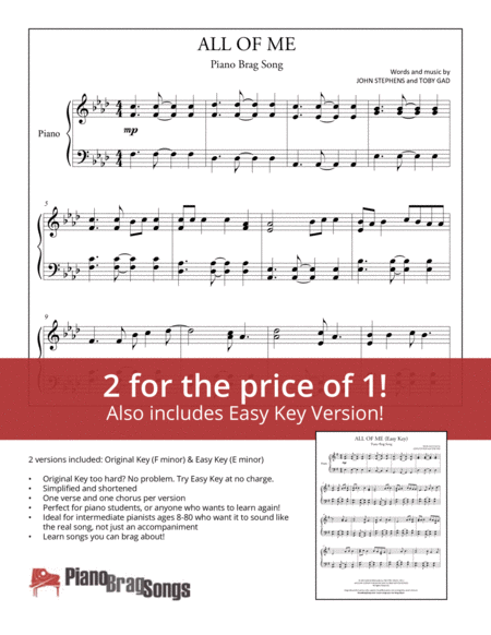 Free Sheet Music All Of Me Simplified And Easy Key Piano Solos John Legend
