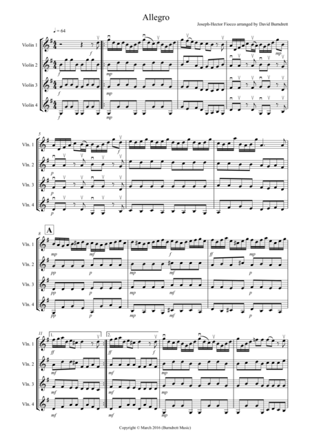 Allegro By Fiocco For Violin Quartet Sheet Music