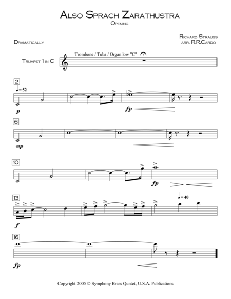 Free Sheet Music Also Sprach Zarathustra Opening Used In The Sci Fi Movie 2001 A Space Odyssey