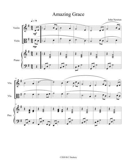 Amazing Grace Duet For Violin And Viola With Opt Piano Accompaniment Sheet Music