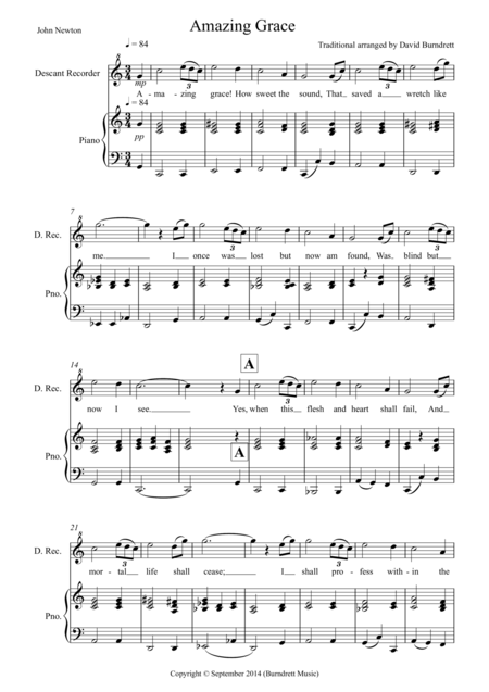 Free Sheet Music Amazing Grace For Descant Recorder And Piano