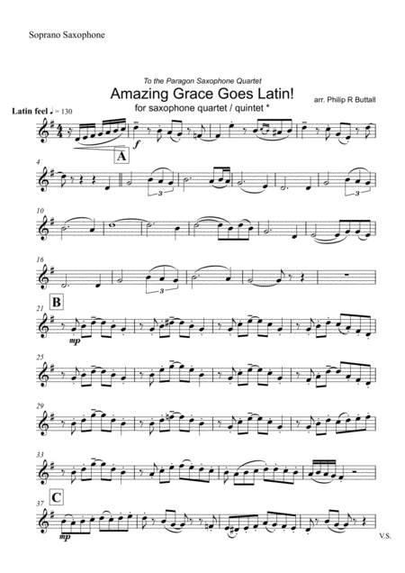 Free Sheet Music Amazing Grace Goes Latin Saxophone Quartet Quintet Set Of Parts X4 5