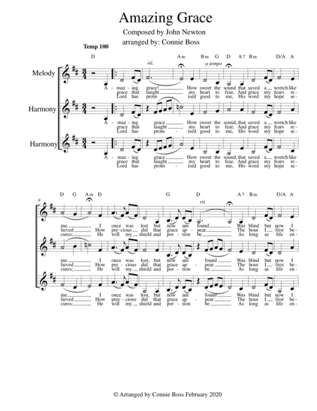 Amazing Grace Vocal Trio A Capella Key Of D Lower Range Sheet Music