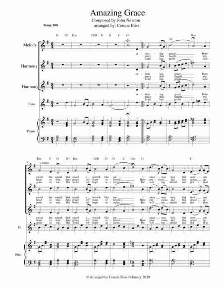 Amazing Grace Vocal Trio Flute And Piano In Key Of G Higher Range Sheet Music