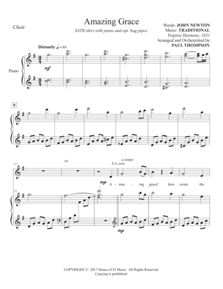 Amazing Grace With Optional Bagpipes Sheet Music