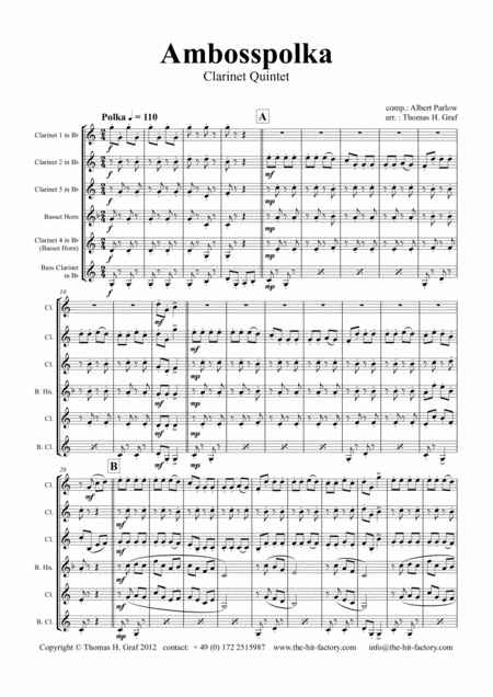 Amboss Polka German Polka Oktoberfest Clarinet Quintet Sheet Music