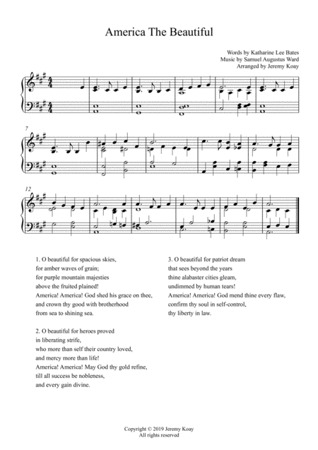 America The Beautiful Solo Piano Piano Accompaniment Intermediate Sheet Music