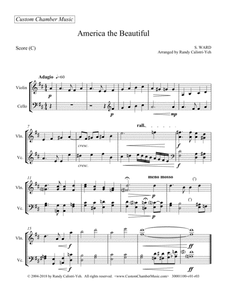 America The Beautiful Violin Cello Duet Sheet Music