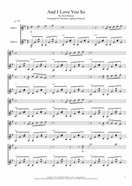 And I Love You So Duet Guitar Score Sheet Music