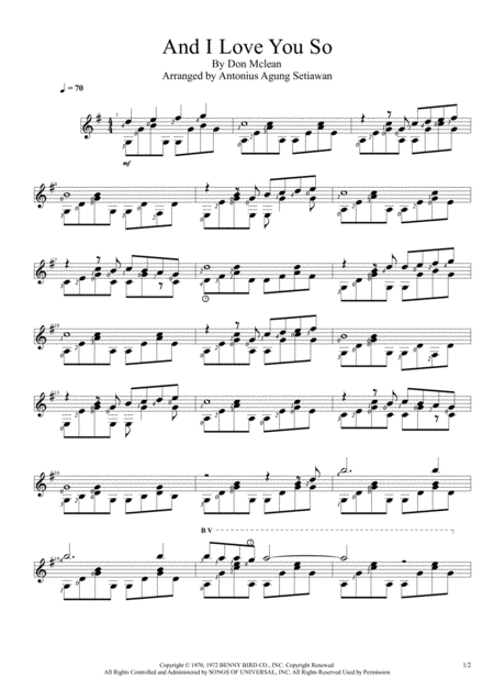 Free Sheet Music And I Love You So Solo Guitar Score