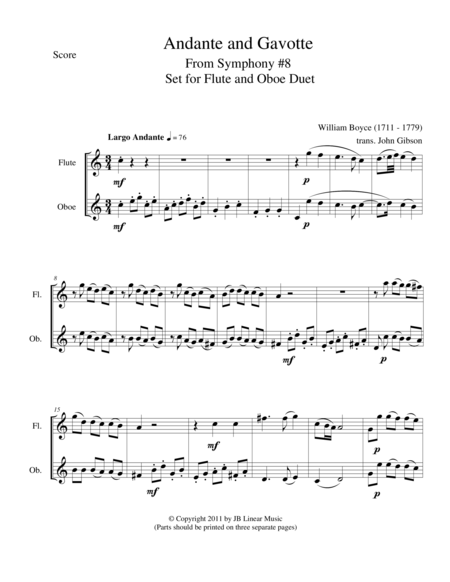 Andante And Gavotte By William Boyce For Flute And Oboe Sheet Music