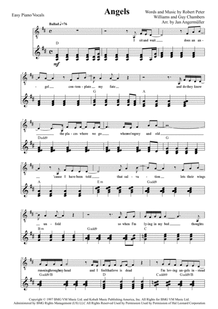 Angels By Robbie Williams For Easy Piano One Hand Vocals Chords Sheet Music