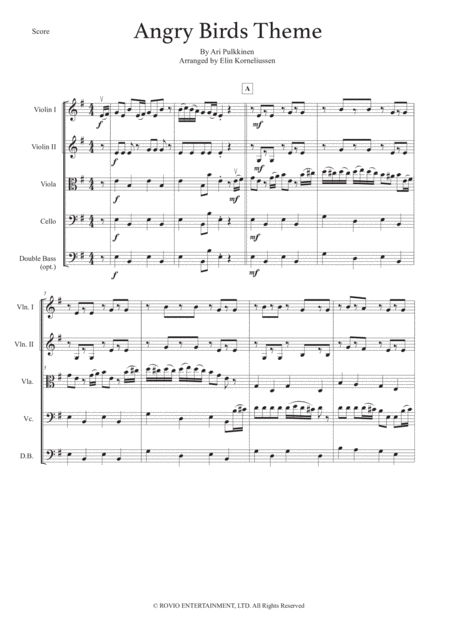 Angry Birds Theme For String Quartet Or Quintet Sheet Music