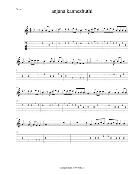 Anjana Kannezhuthi Guitar Tabs And Sheet Music Sheet Music