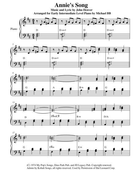 Annies Song For Early Intermediate Piano From Gateway Editions Sheet Music