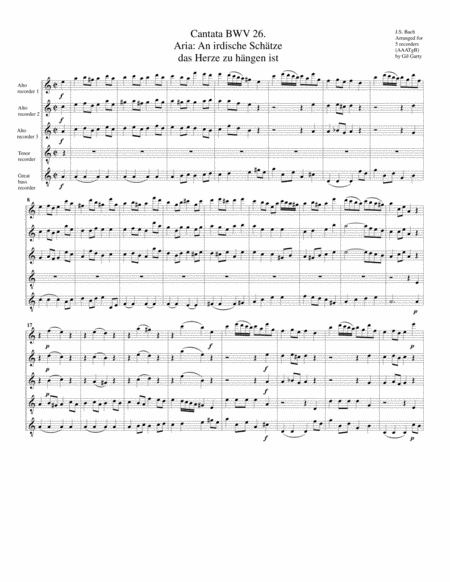 Aria An Irdische Schaetze Das Herze Zu Haengen From Cantata Bwv 26 Arrangement For 5 Recorders Sheet Music