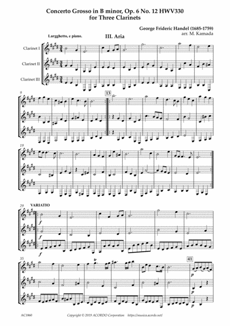 Free Sheet Music Aria From Concerto Grosso Op 6 12 Hwv330 For Three Clarinets