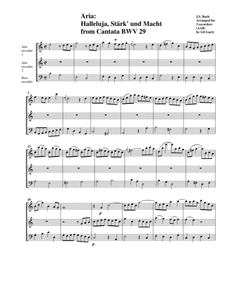 Aria Halleluja Strk Und Macht From Cantata Bwv 29 Arrangement For 3 Recorders Sheet Music