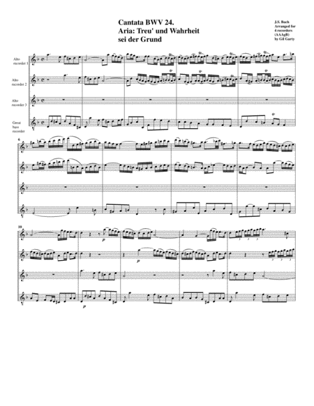 Aria Treu Und Wahrheit Sei Der Grund From Cantata Bwv 24 Arrangement For 4 Recorders Sheet Music