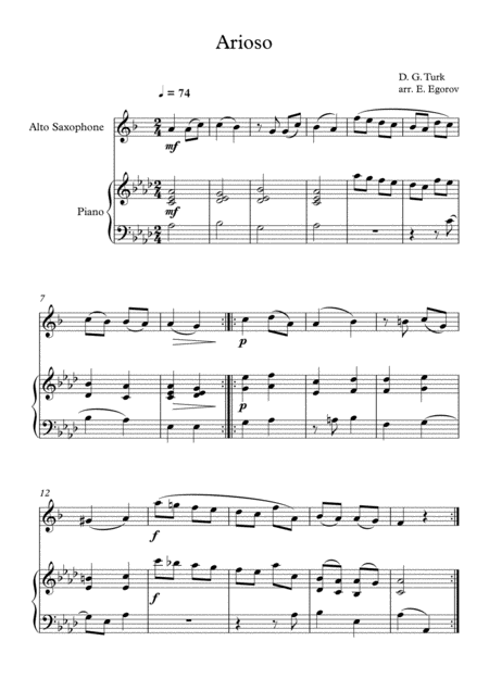 Free Sheet Music Arioso Daniel Gottlob Turk For Alto Saxophone Piano