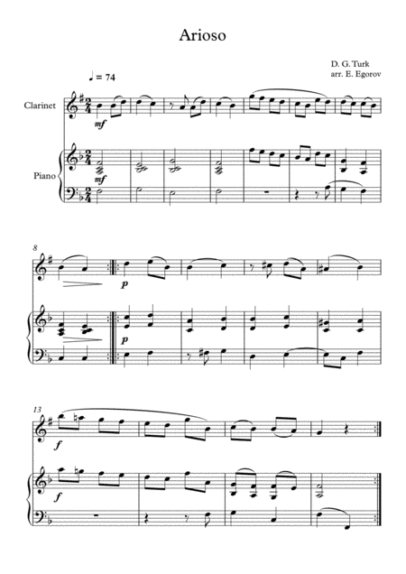 Arioso Daniel Gottlob Turk For Clarinet Piano Sheet Music