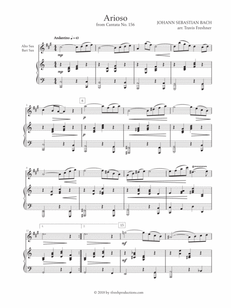 Arioso From Cantata No 156 Alto Bari Sax Sheet Music