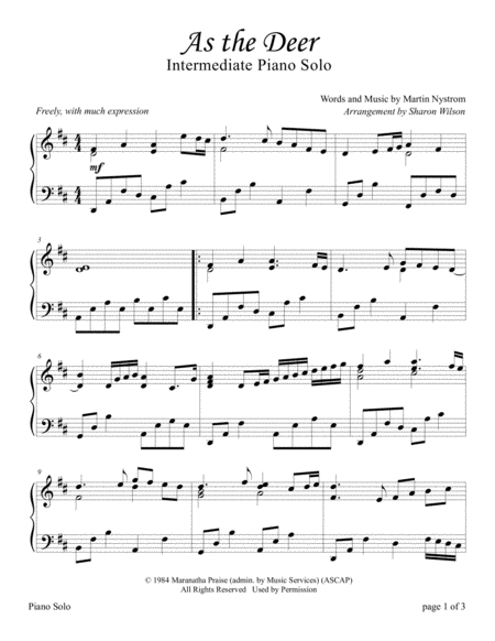 As The Deer Intermediate Sacred Piano Solo Sheet Music