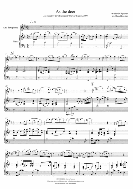 Free Sheet Music As The Deer Piano Alto Sax